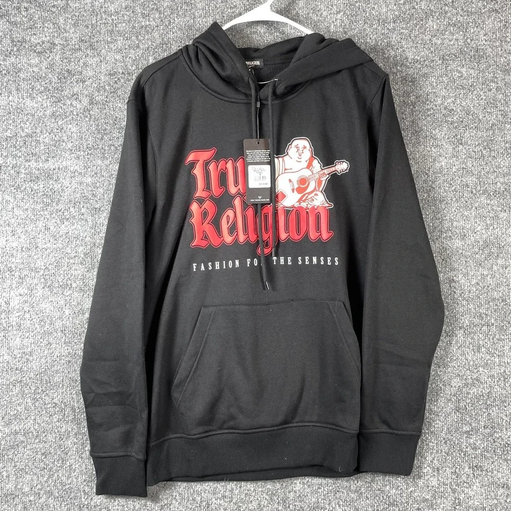 True Religion Hoodie Mens Medium Black Pullover Sweatshirt Buddha Spell Out $119